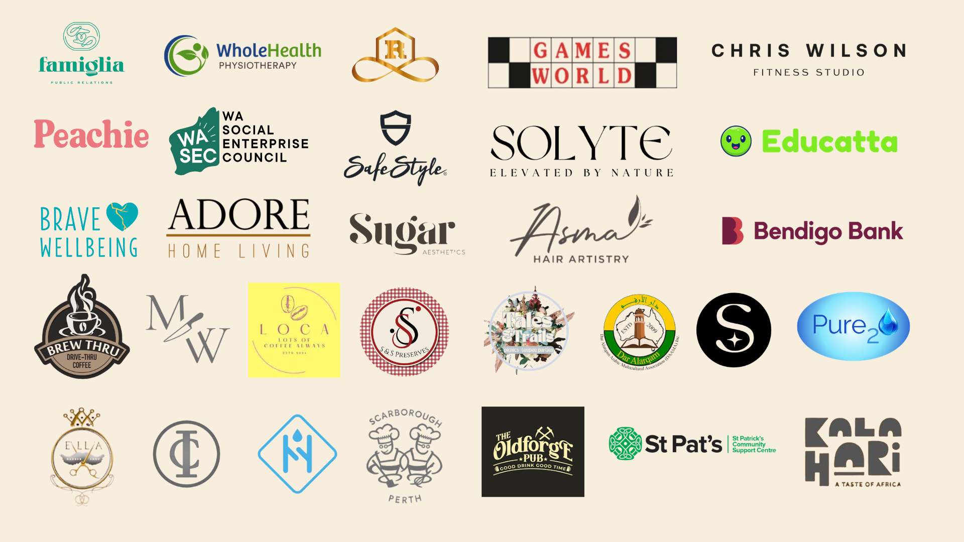 Clients: Famiglia, WholeHealth, Games World, Chris Wilson Fitness Studio, Peachie, WA Social Enterprise Council, SafeStyle, Solyte, Educatta, Brave Wellbeing, Adore Home Living, Sugar Aesthetics, Asma Hair Artistry, Bendigo Bank, Brew Thru, Mr Wellington, Loca, S&S Preserves, Tales & Trails, Dar Alarqam, Pure2O, Ellia, Scarborough Perth, The Oldforge Pub, St Pat's, Kalahari and more.